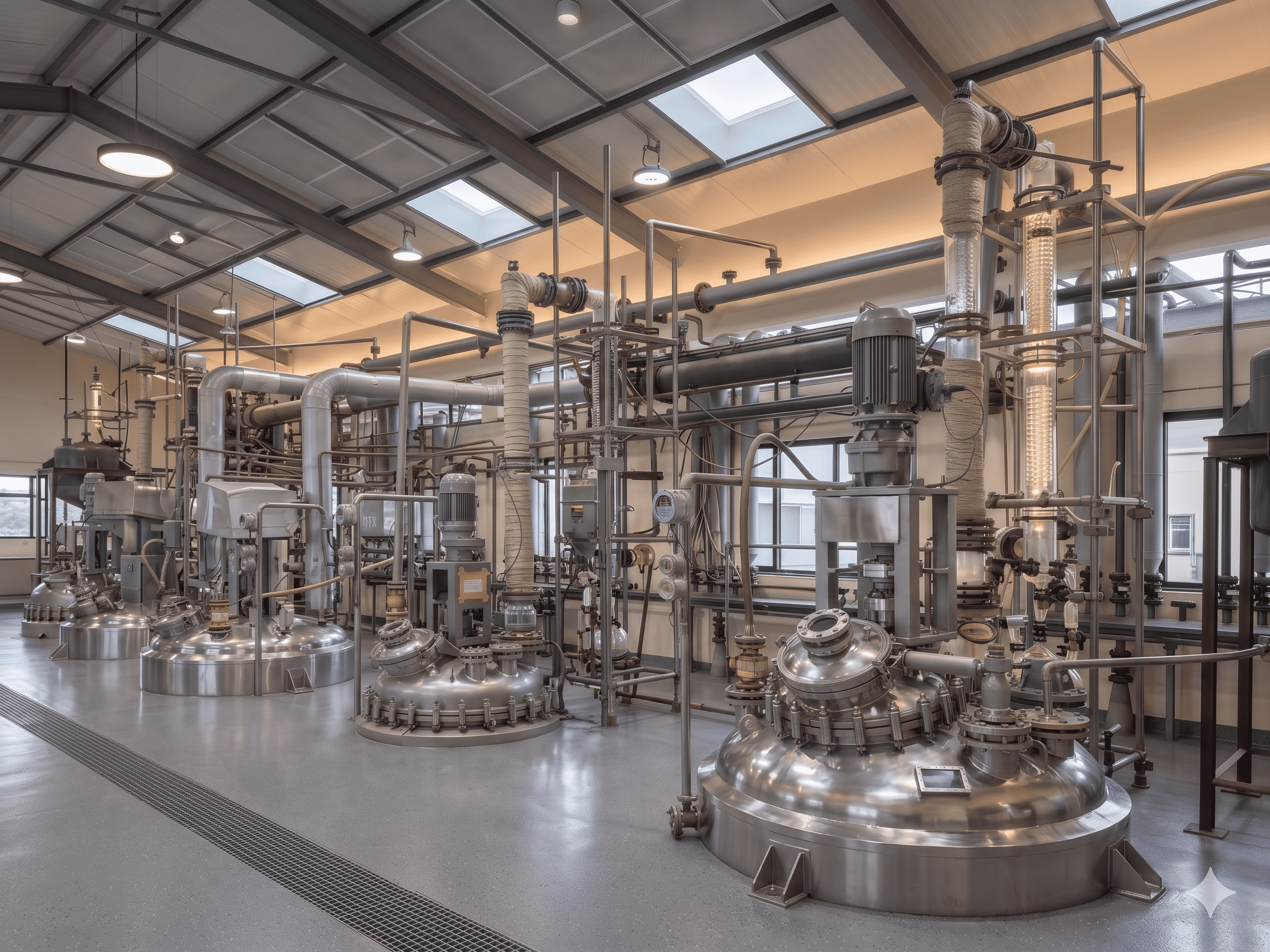 Modern chemical manufacturing facility with stainless steel reactors and process equipment